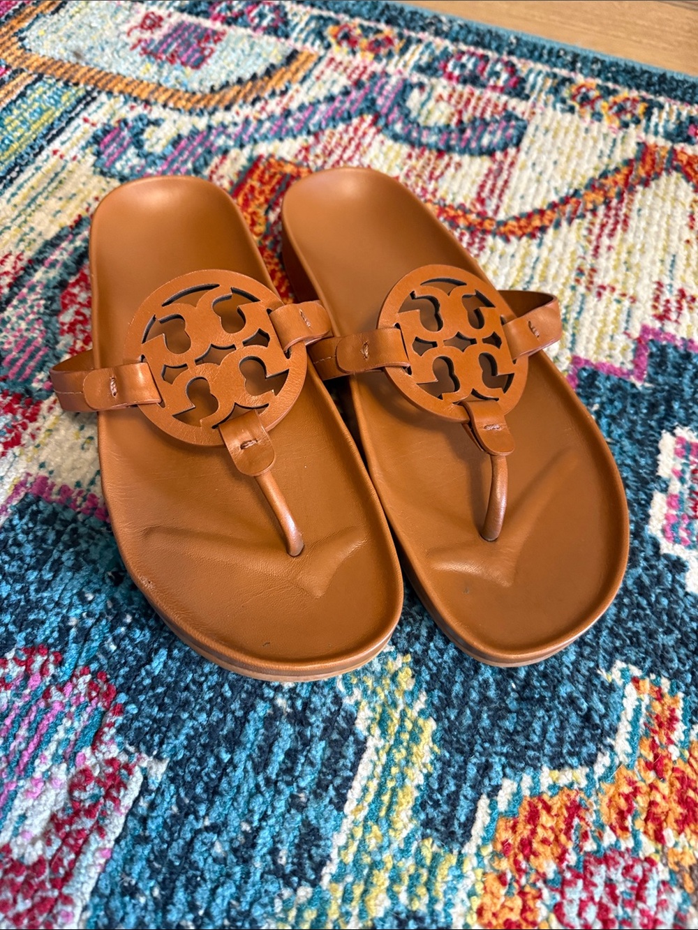 Tory Burch Cognac Leather Circle-Logo Thong Sandals